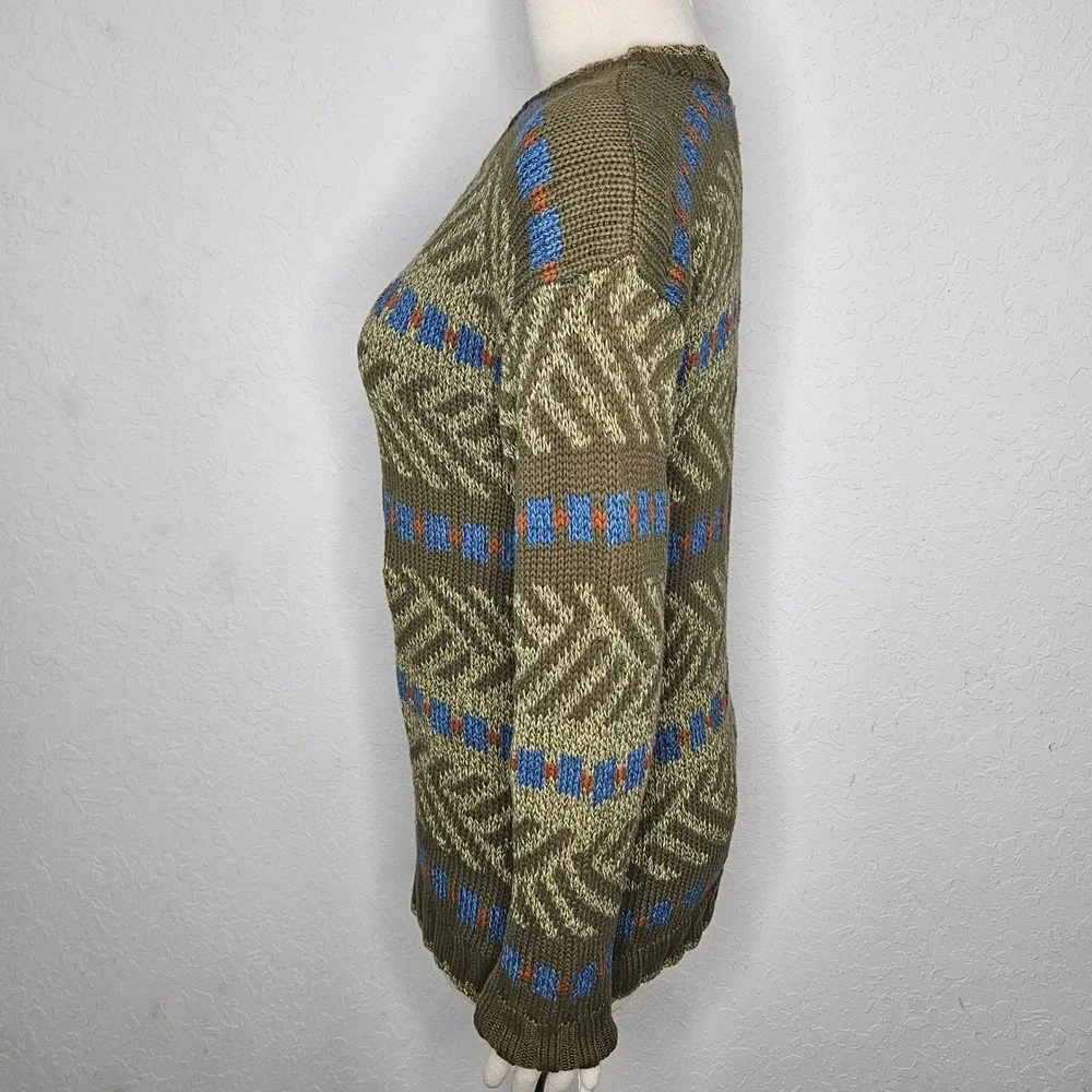 Vintage Lizwear Petites Cotton Knit Sweater‎ Olive Geometric Crew Pullover Sz SP - Picture 4 of 7